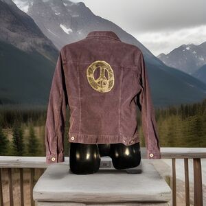 Eddie Bauer Women's Corduroy Jacket Medium Button‎ Down Peace Sign Back Boho